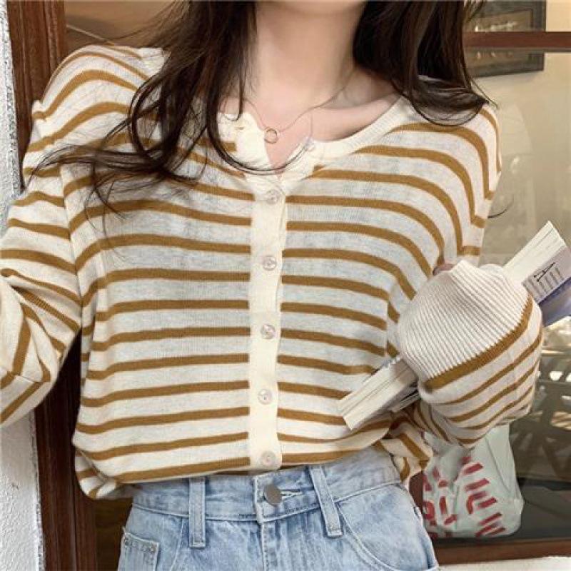 New Relaxed Emilie Sweater Lady Jacket In Stripe  |  Womens Sweaters Clothing Black Hthr Camel