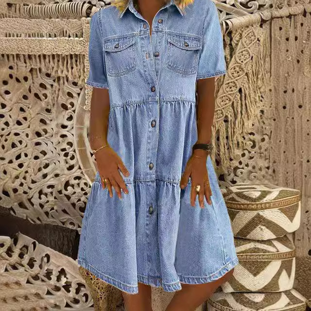 Patch-Pocket Shirtdress In Drapey Denim  |  Girls Denim Clothing Carmen Medium Wash