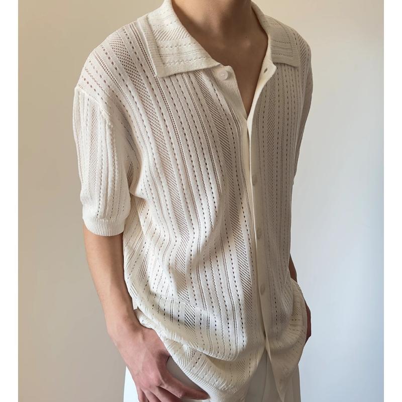 Short-Sleeve Cotton Open-Stitch Polo Cardigan Sweater  |  Mens Polos & Rugbys Clothing Mens